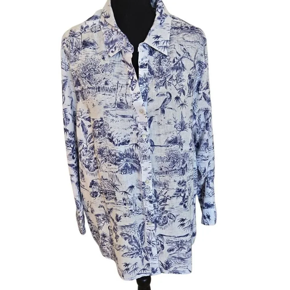 Joie Womens Tropical Print Linen Tunic Button Up Shirt Blue White Size 2X